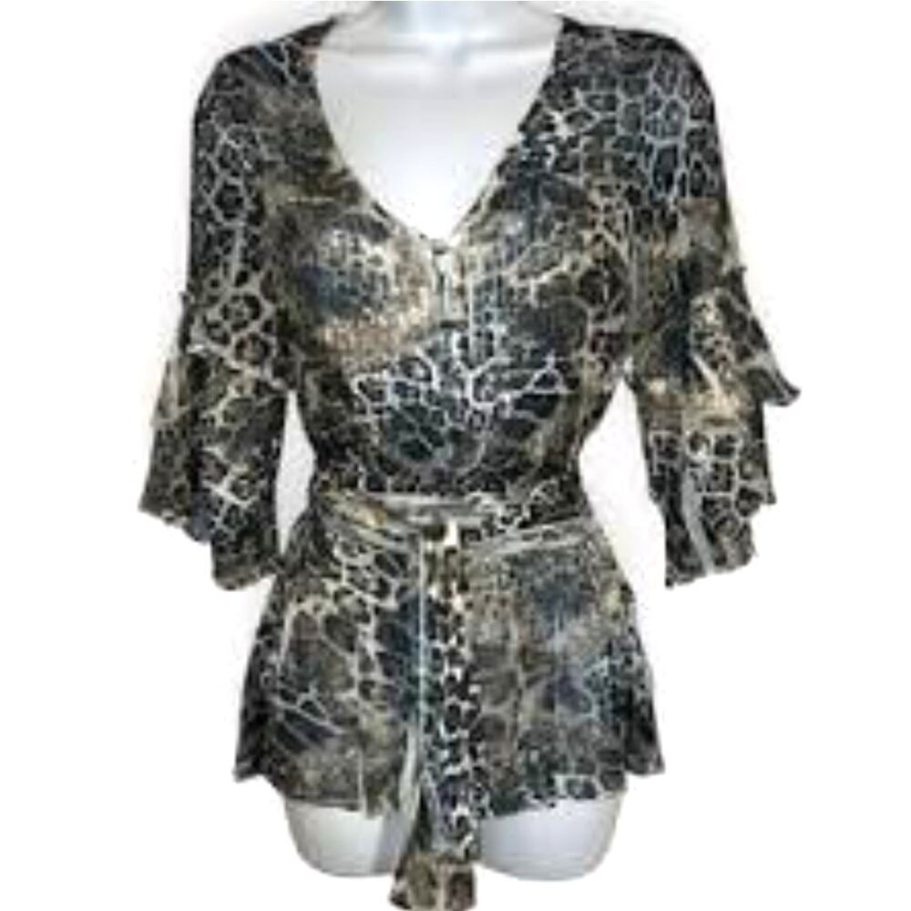 Alberto Makali Leopard Print Top Size L Pintuck Rhinestone Mob Wife Sheer Ruffle